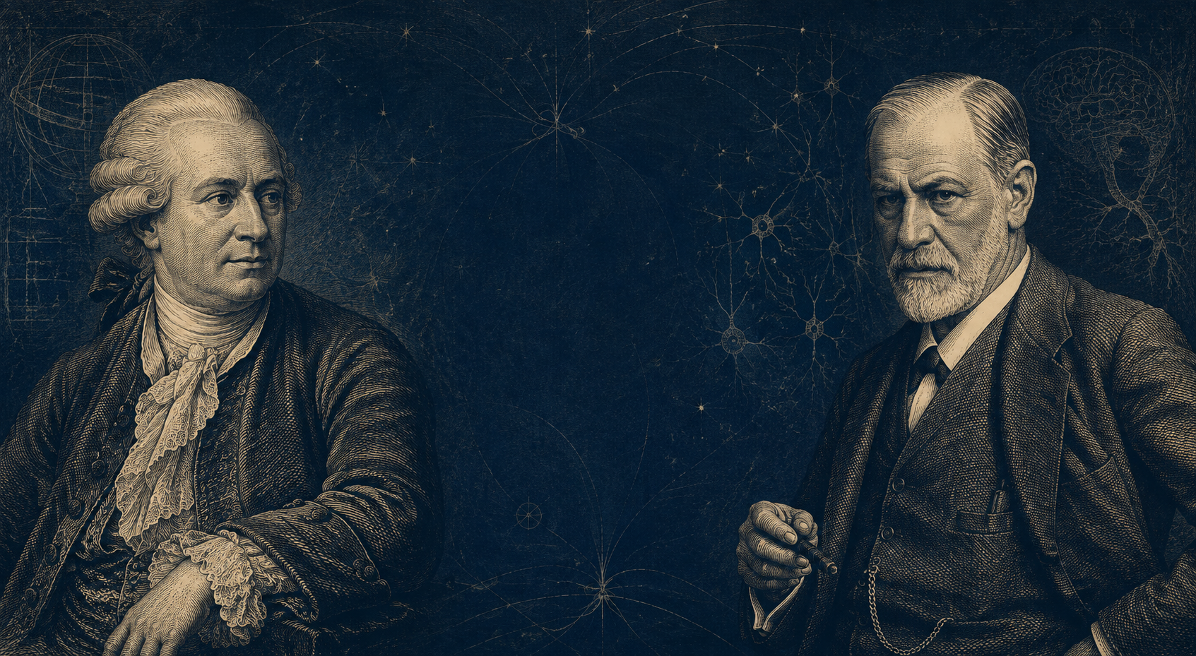Franz Anton Mesmer y Sigmund Freud representados como un grabado histórico